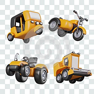 Yellow auto rickshaw car, tricycle with sidecar, tractor, harvester. Isolated models