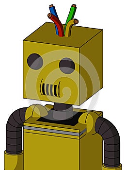 Yellow Automaton With Box Head And Speakers Mouth And Two Eyes And Wire Hair