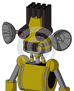 Yellow Automaton With Cone Head And Dark Tooth Mouth And Black Glowing Red Eyes And Pipe Hair