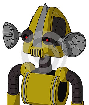 Yellow Automaton With Droid Head And Speakers Mouth And Black Glowing Red Eyes And Spike Tip