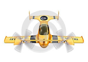 Yellow autonomous flying drone taxi isolated on white background