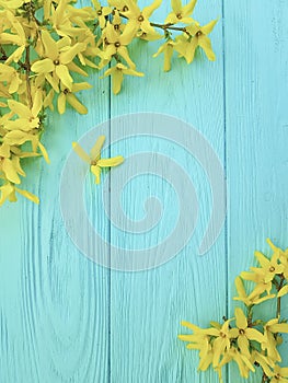 Yellow autumn flowers on a blue wooden background