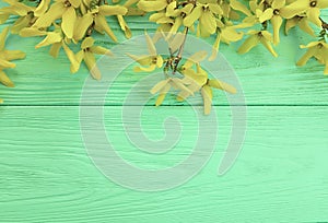 yellow fresh autumn flowers border on mint wooden texture background