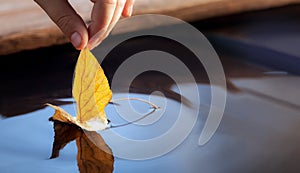 Yellow autumn leaf ship in children hand, boy play in water pond