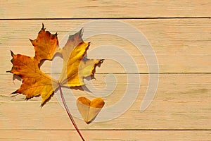 Yellow autumn maple leaf with a cut out heart lies on a wooden background.