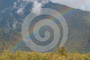 Yellow autumn trees, clouds and beautiful rainbow in mountains