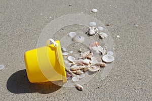 A yellow baby bucket and a red shovel stand on the sand by the sea