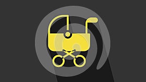 Yellow Baby stroller icon isolated on grey background. Baby carriage, buggy, pram, stroller, wheel. 4K Video motion