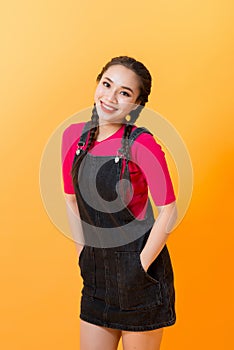 On a yellow background, Asian girl`s various expressions display, embodies the charm of asian girls