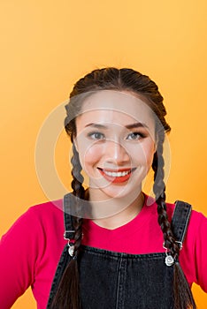 On a yellow background, Asian girl`s various expressions display, embodies the charm of asian girls