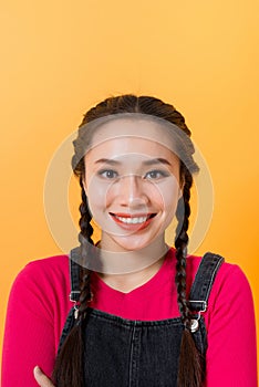 On a yellow background, Asian girl`s various expressions display, embodies the charm of asian girls