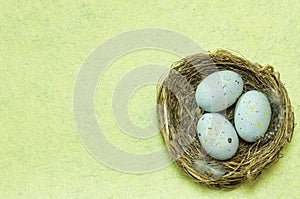 Yellow background with nest and eggs, can be a wish for Happy Easter