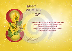 Yellow background with number 8 and Mimosa. Greeting card with spring flowers for international womens day March 8. Vector