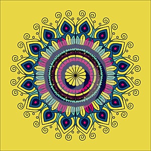 Yellow background with silhouette color flower mandala vintage decorative ornament