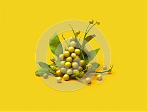 Yellow background with small green plant or bush in center. This plant is covered in berries, which are also green in