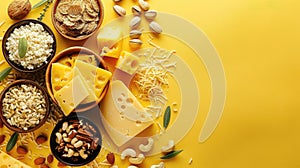A yellow background with a variety of foods including nuts, cheese, and crackers
