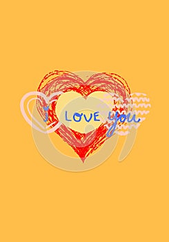 Yellow background vectorial illustration with the words I love You in the middle between heart shaped drawings