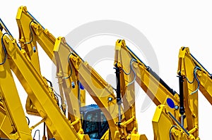 Yellow backhoe with hydraulic piston arm isolated on white. Heavy machine for excavation in construction site. Hydraulic machinery