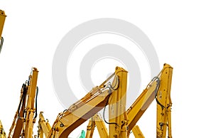 Yellow backhoe with hydraulic piston arm isolated on white. Heavy machine for excavation in construction site. Hydraulic machinery