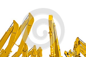 Yellow backhoe with hydraulic piston arm isolated on white. Heavy machine for excavation in construction site. Hydraulic machinery