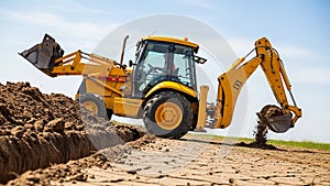 A yellow backhoe loader is actively digging in a construction site