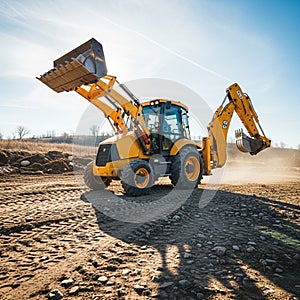 Yellow backhoe loader on a construction site under a clear blue