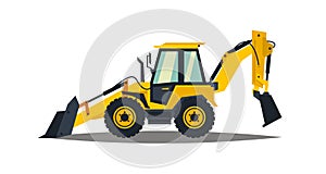 Yellow backhoe loader on a white background. Construction machinery. Special equipment. Vector illustration.