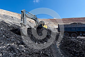 yellow backhoe work in coalmine