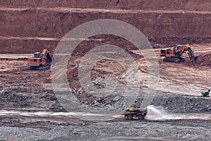 yellow backhoe work in coalmine