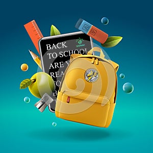 Yellow backpack with a apple on it and sign Back to school are you ready to go, vector illustration