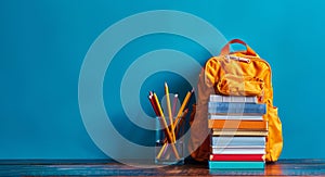 Yellow Backpack on Books on Blue Background