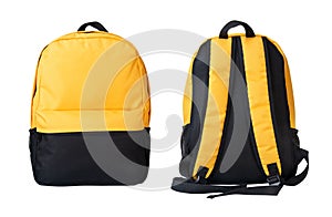 Yellow backpack front and back view isolated on white background