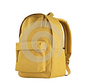 Yellow backpack isolated on white.School bag advertisement design. Knapsack, rucksack,travel bag