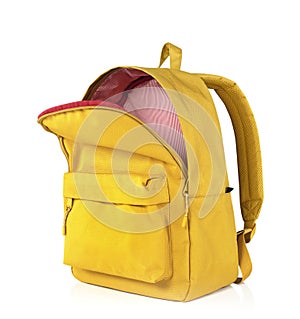 Yellow backpack opened isolated on white.School bag advertisement design. Knapsack, rucksack,travel bag