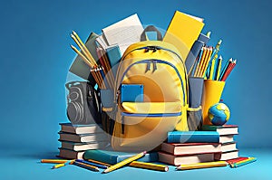 Yellow backpack overflowing with various books, pencils, and school accessories set against a vibrant background