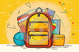 A yellow backpack with school equipment. Back to School concept , illustration