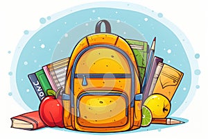 A yellow backpack with school equipment. Back to School concept , illustration