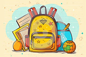A yellow backpack with school equipment. Back to School concept , illustration