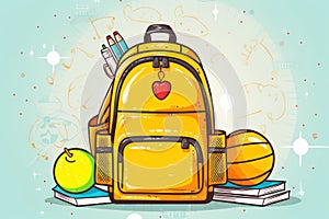 A yellow backpack with school equipment. Back to School concept , illustration