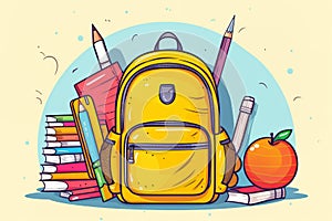 A yellow backpack with school equipment. Back to School concept , illustration