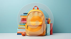 Yellow backpack, school supplies, stack of books and notebooks and colored pencils isolated, back to school concept, copy space