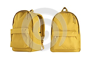 Yellow backpack set isolated on white.Travel bag different side view.Schoolbag, rucksack object