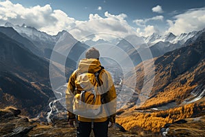 Yellow backpacked adventurer immerses in breathtaking mountain panoramas photo