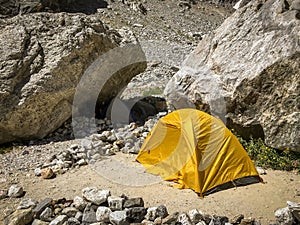 Yellow Backpacking Tent in the Mountains