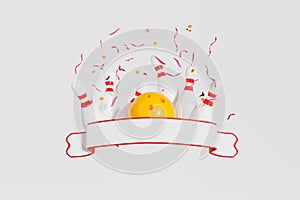 Yellow ball striking pins, ribbon and confetti. Mockup copy space