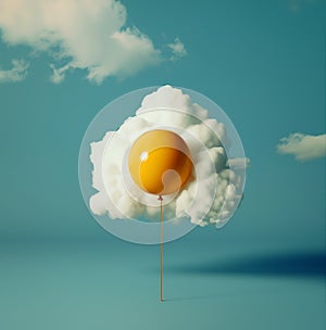 Yellow ballon floating in front of a fluffy cloud.