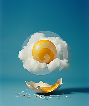 Yellow ballonsurrounded by a fluffy cloud with broken egg shell beneath.