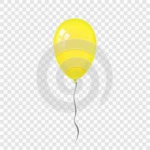 Yellow balloon 3D, thread, isolated white transparent background. Color glossy flying baloon, ribbon for birthday