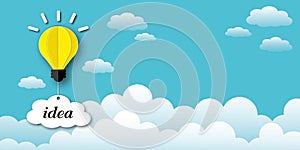 Yellow balloon light bulb with white cloud on blue sky background, Ideas inspiration concepts.