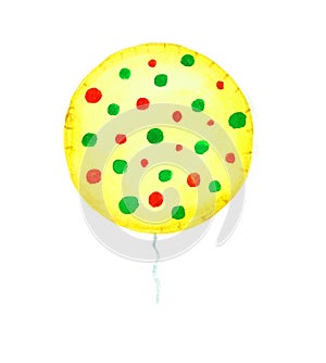 A yellow balloon with a red and green dot. With a gray wavy thread. Isolated on white background.